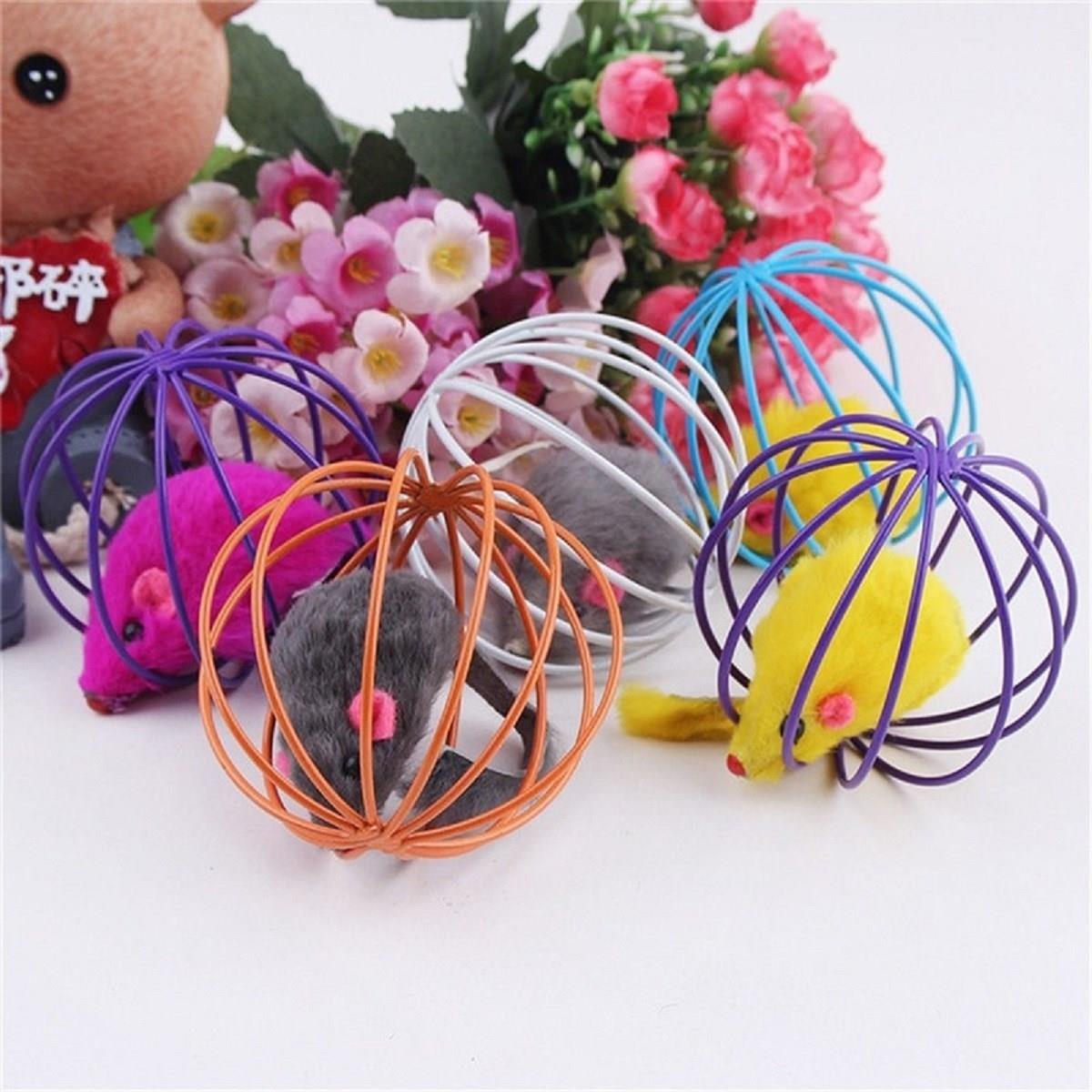 Renkli Metal Kafesli Peluş Fareli Kedi Köpek Oyuncağı Oyun Topu 6 cm (5110)