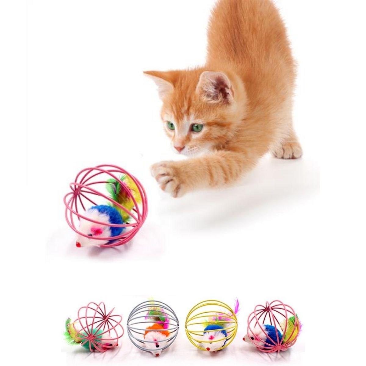Renkli Metal Kafesli Peluş Fareli Kedi Köpek Oyuncağı Oyun Topu 6 cm (5110)