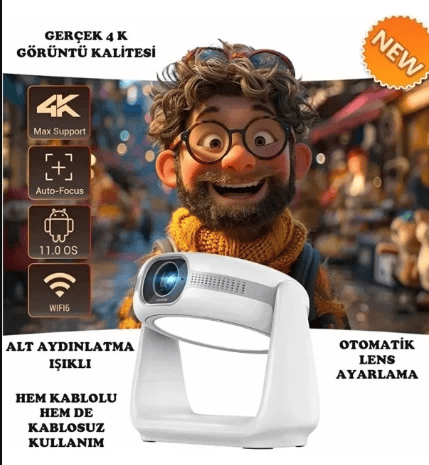 Taşınabilir Şarjlı Sinema Projektörü 4k Şarjlı Bluetooth Android Akıllı Hoparlörlü Işıklı Gerçek 4k