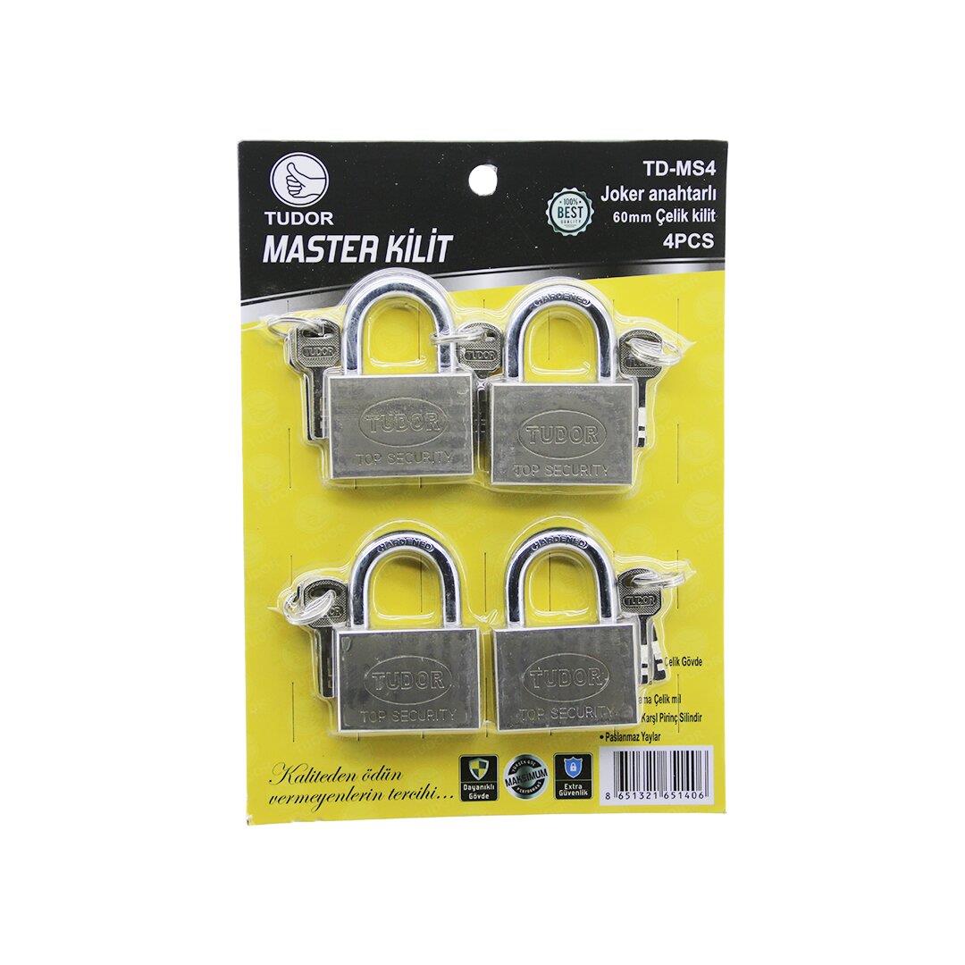 TUDOR TD-MS4 MASTER 4PCS JOKER ANAHTARLI=TEK ANAHTARLA 4 KİLİT AÇ  60MM - GRİ KISA KANCALI ÇELİK ASMA KİLİT (5110)