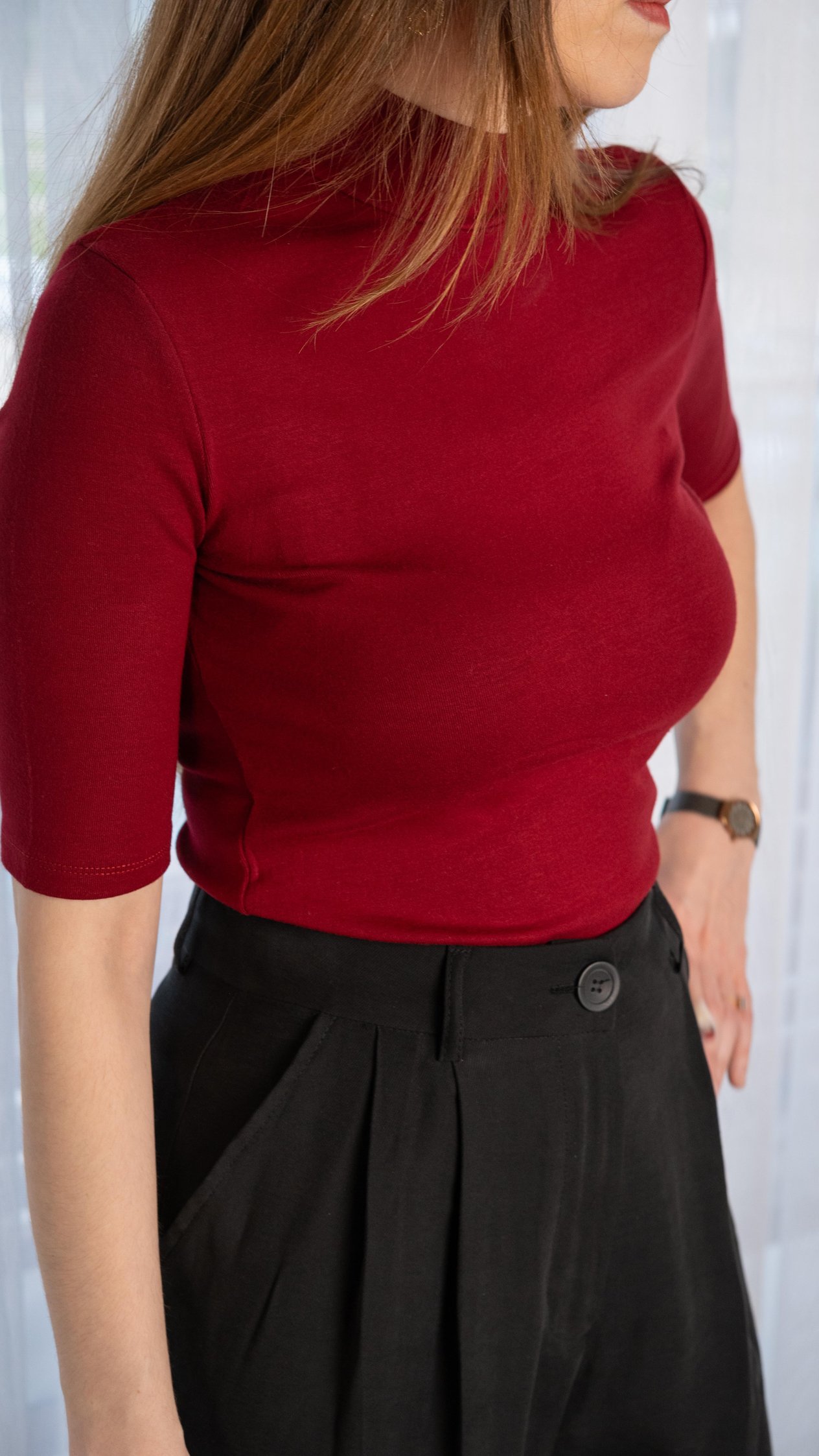 Bordo Yarım Boğazlı Body