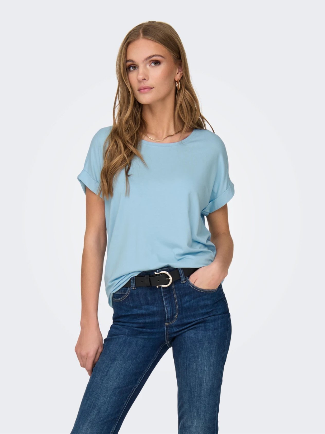 ONLY ORJ AÇIK MAVİ BİSİKLET YAKA BASIC T-SHIRT