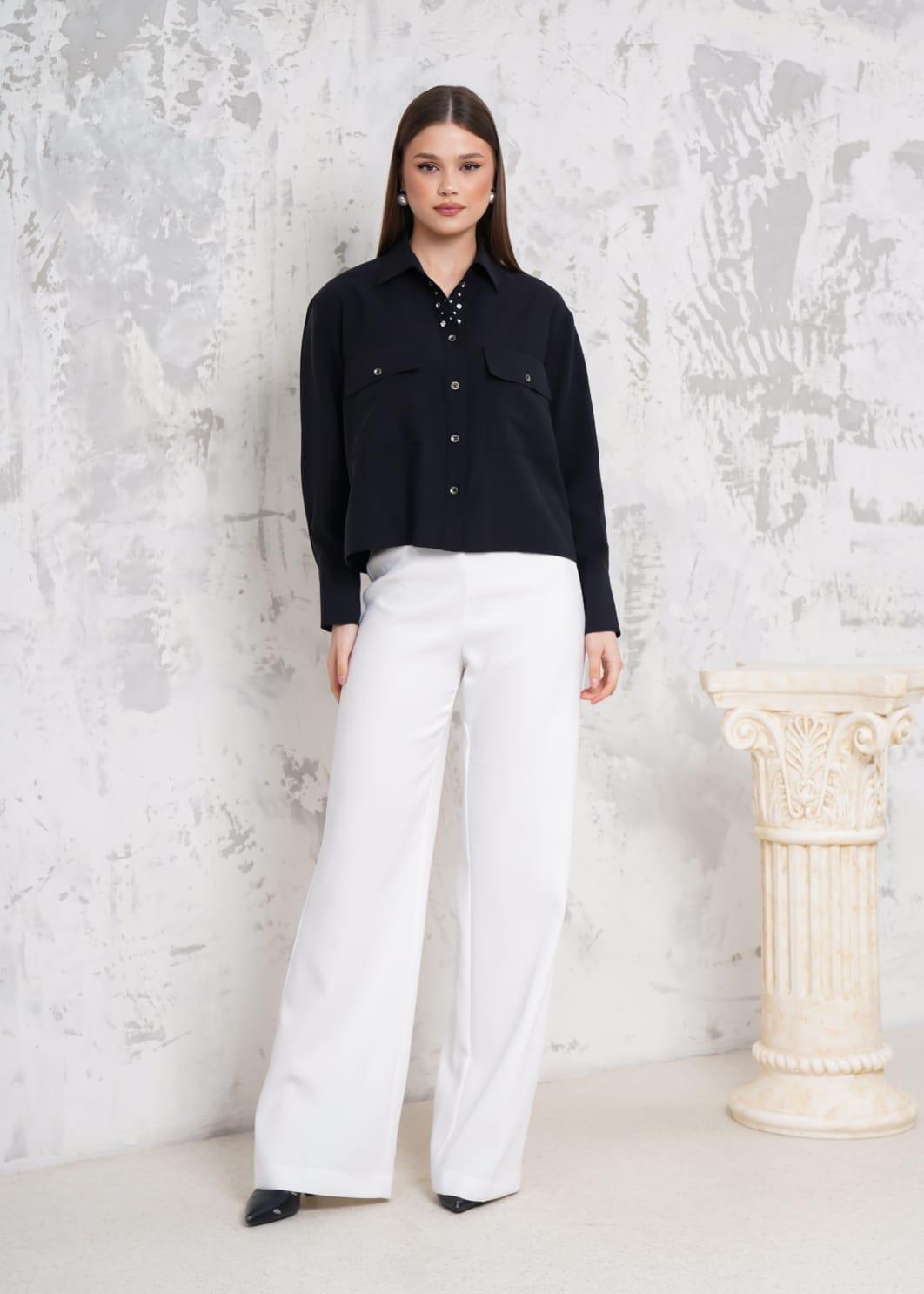 RİGALA SİYAH ÇİFT CEP KAPAKLI UZUN KOLLU KISA OVERSIZE TENCEL GÖMLEK