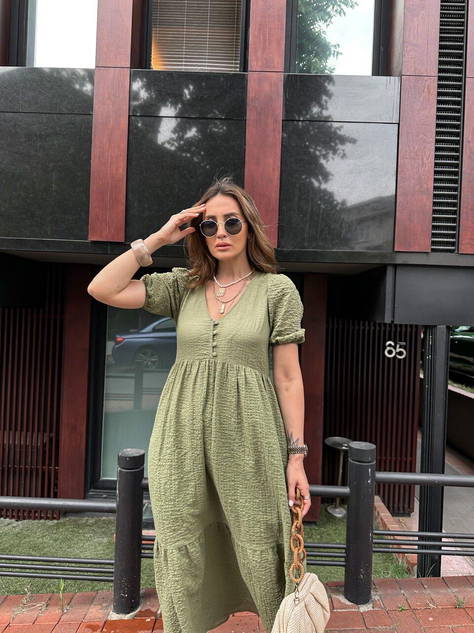 ZR ORJ YEŞİL GOFRE MİDİ ELBİSE