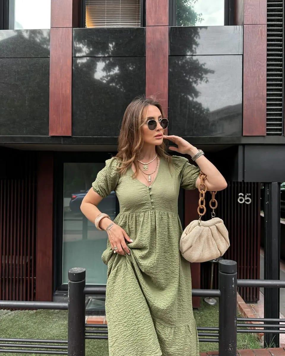 ZR ORJ YEŞİL GOFRE MİDİ ELBİSE