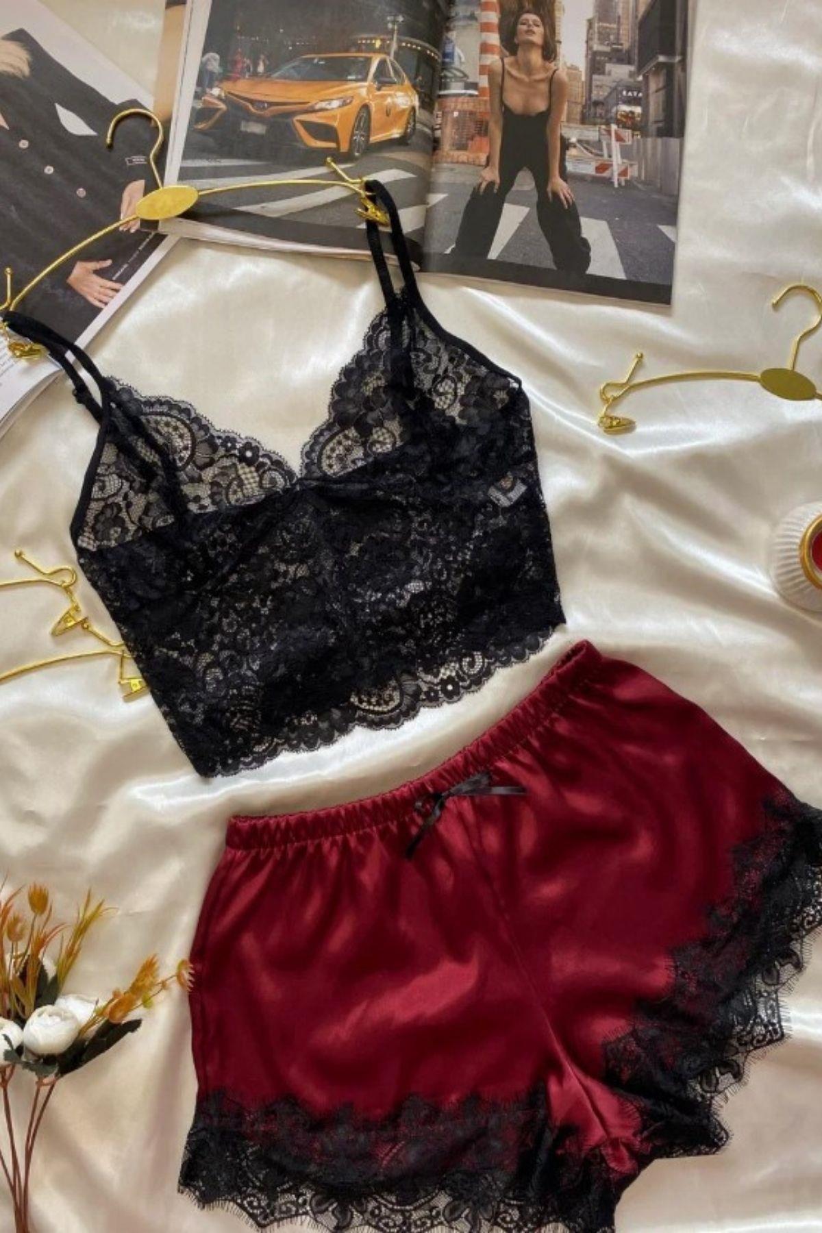 Bella Notte Bordo  Dantelli Zerafet İkili Saten Şort Takımı S-7549