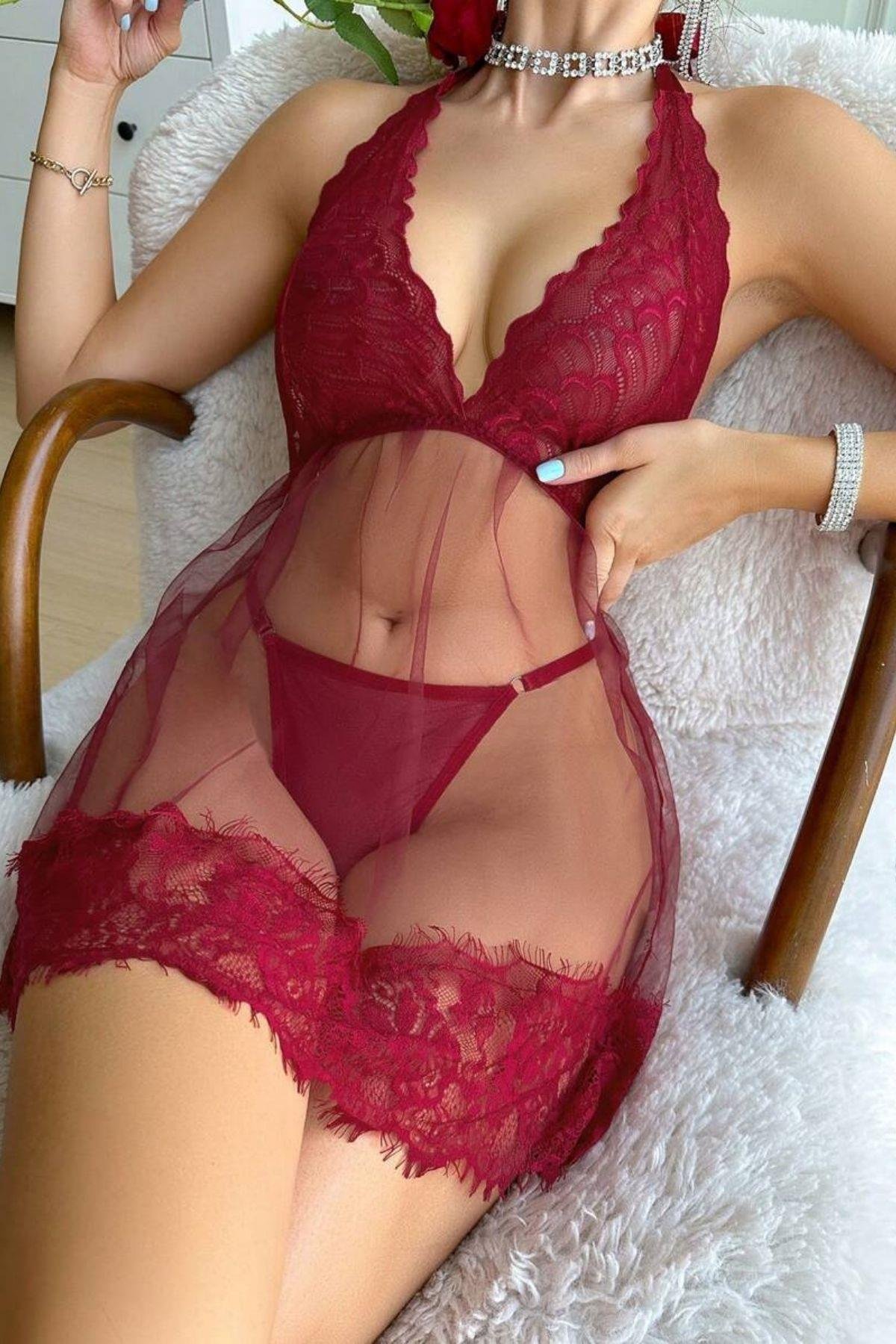 Bella Notte Bordo Boyundan Bağlamalı Gecelik 15618