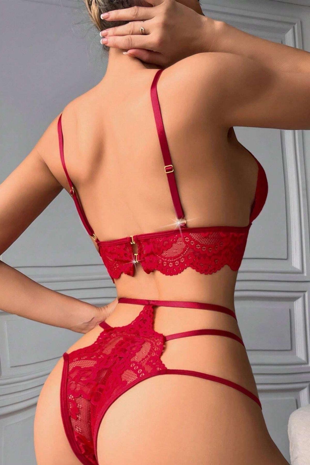 Bella Notte Bordo Dantelli Sexy Tasarım Bralet Takım 16101