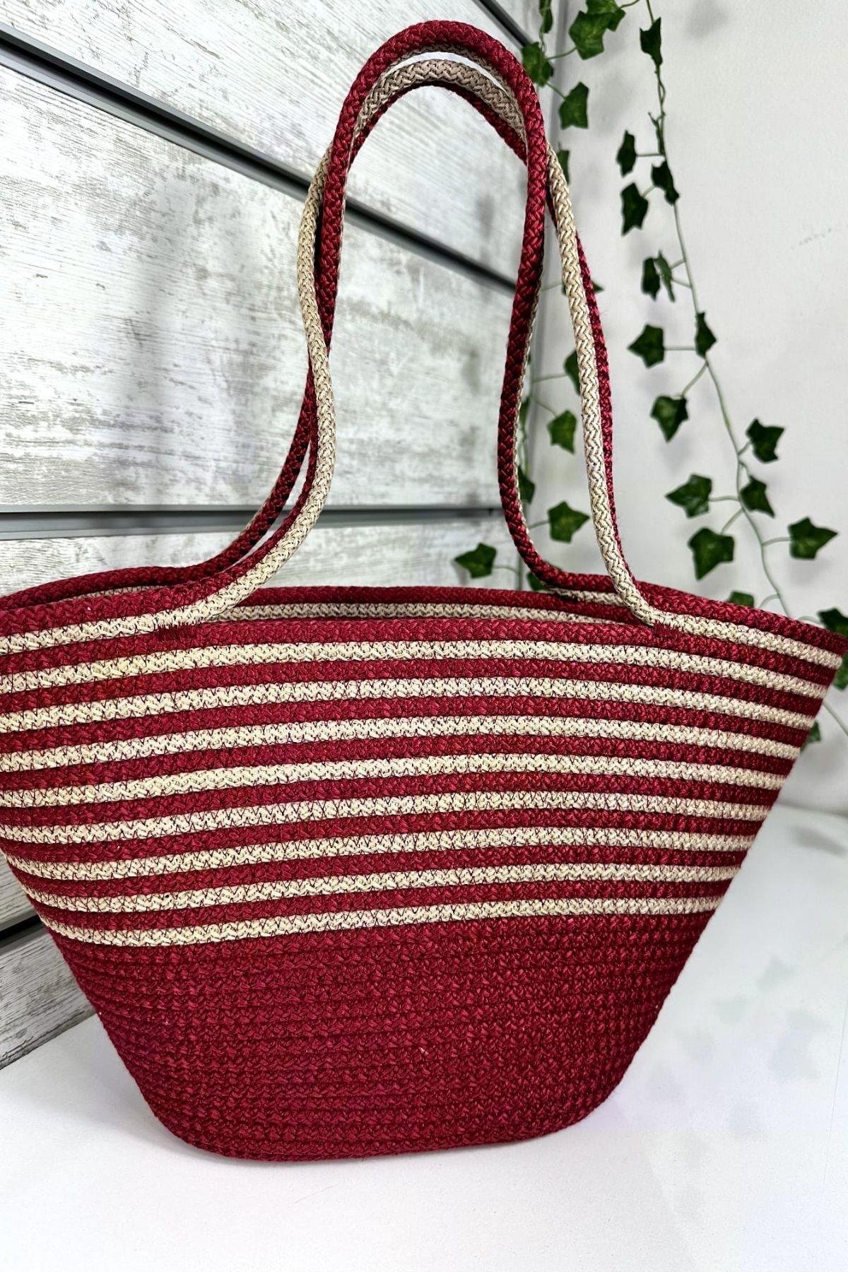 Bella Notte Bordo Kadın Çizgili El Yapımı Günlük/Plaj Çantası 8011
