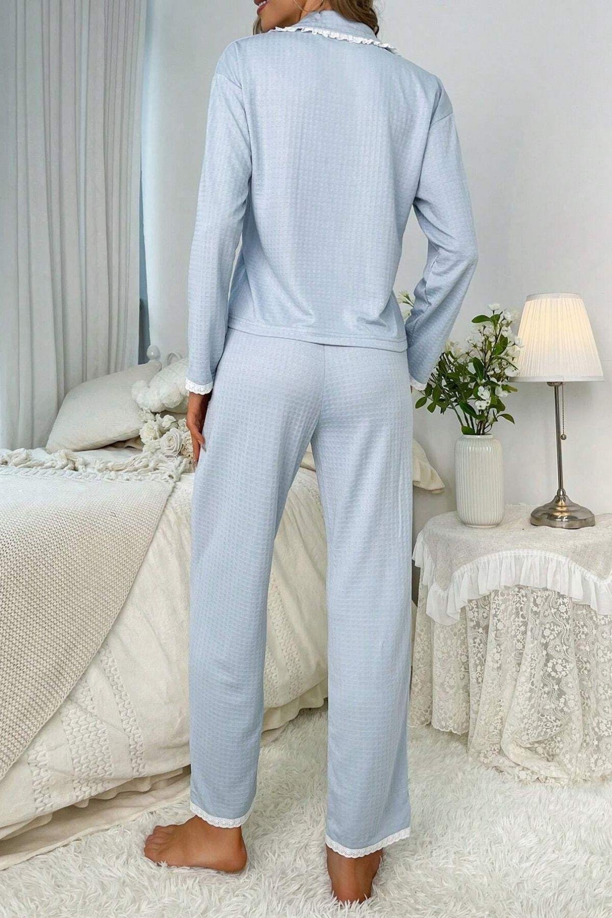Bella Notte Mavi Uzun Kollu Dantel Detaylı Uzun Pijama Takımı 7055