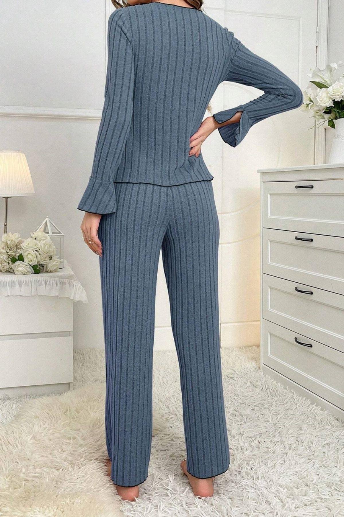 Bella Notte Mavi Uzun Kollu Pamuklu Pijama Takımı 7095