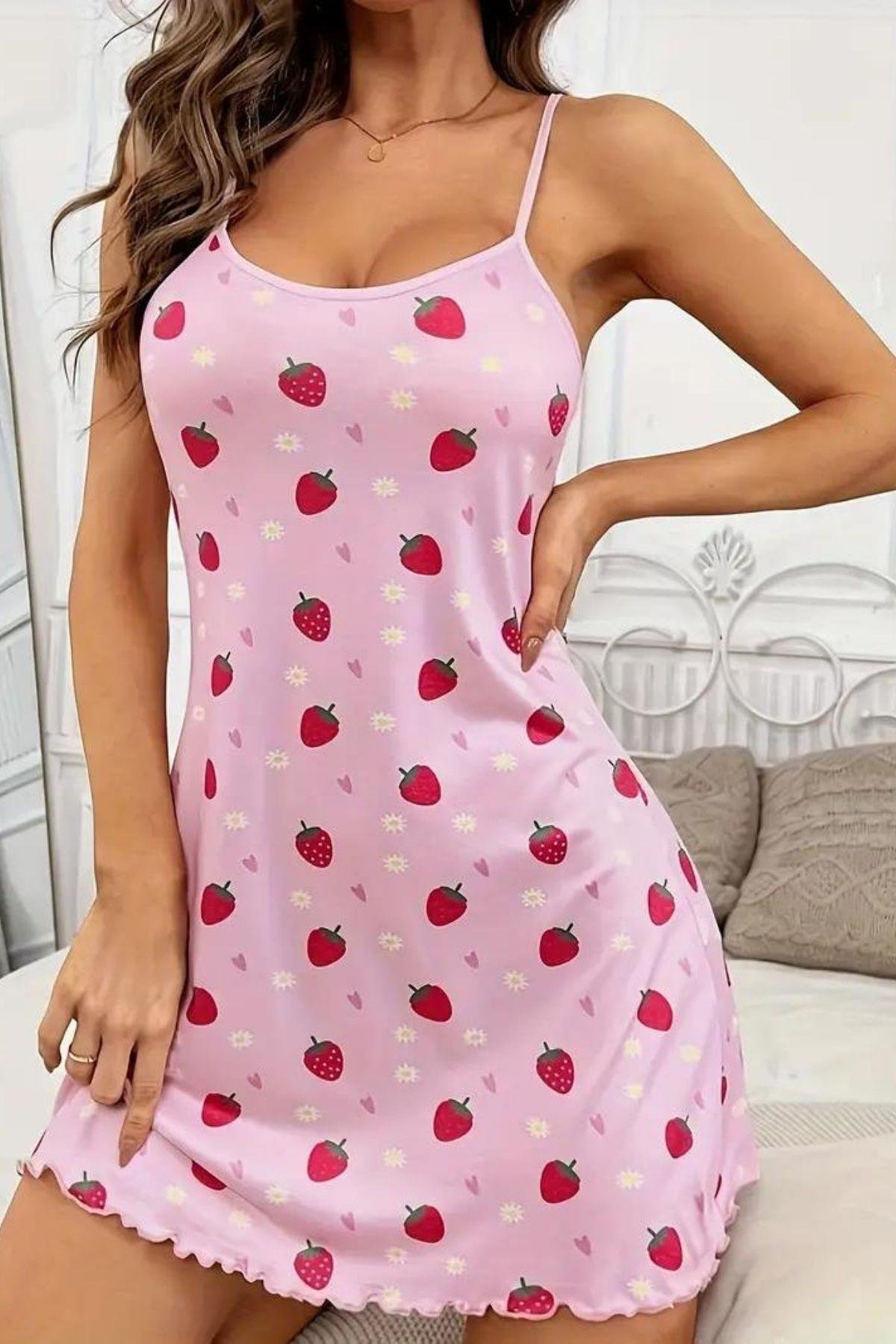 Bella Notte Pembe Çilek Desenli Rahat Ev Geceliği 15727