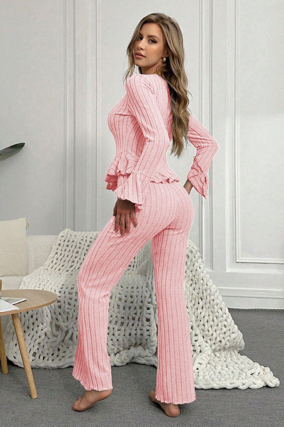 Bella Notte Pembe İspanyol Kol Pamuklu Pijama Takımı 7051
