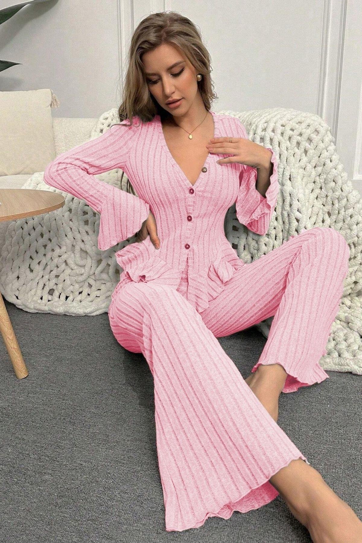 Bella Notte Pembe İspanyol Kol Pamuklu Pijama Takımı 7051