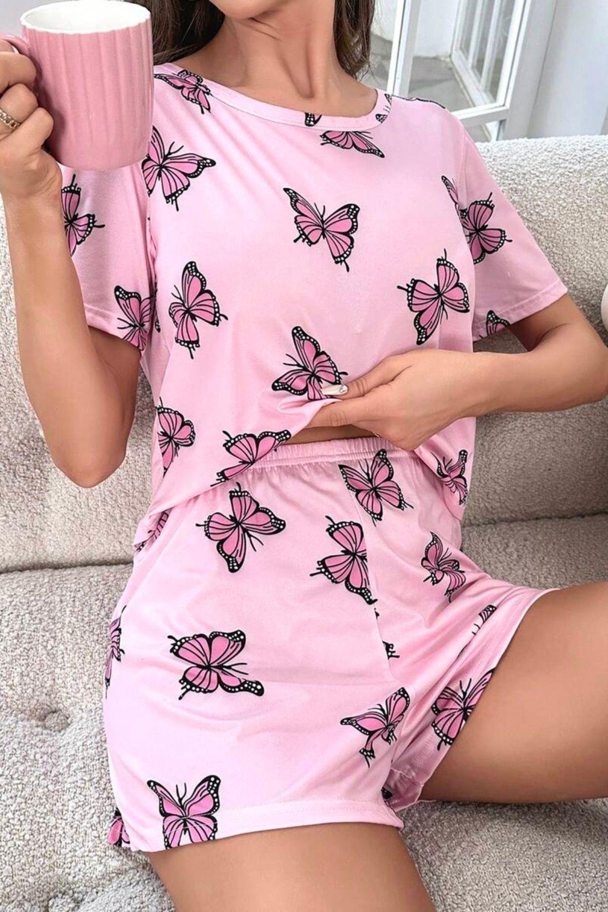 Bella Notte Pembe Kelebek Desenli Şort Takım 7528