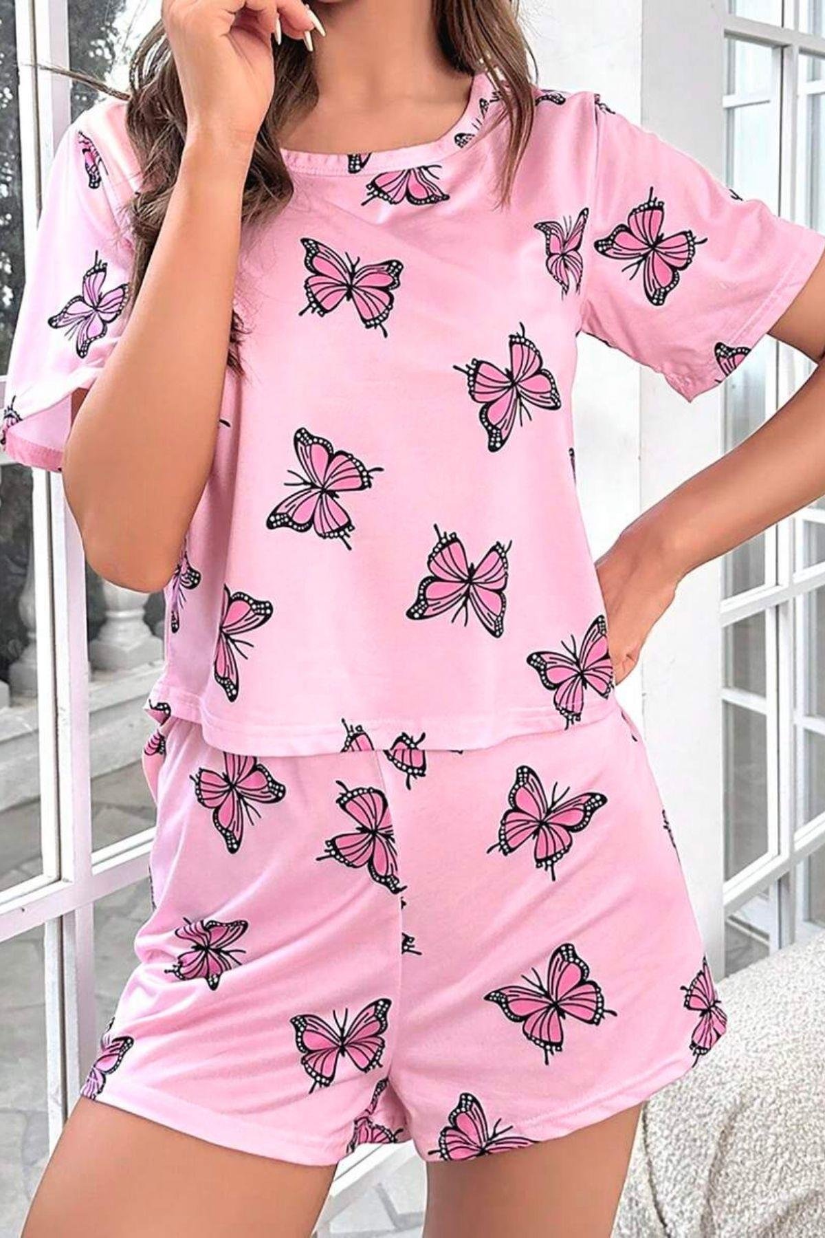 Bella Notte Pembe Kelebek Desenli Şort Takım 7528