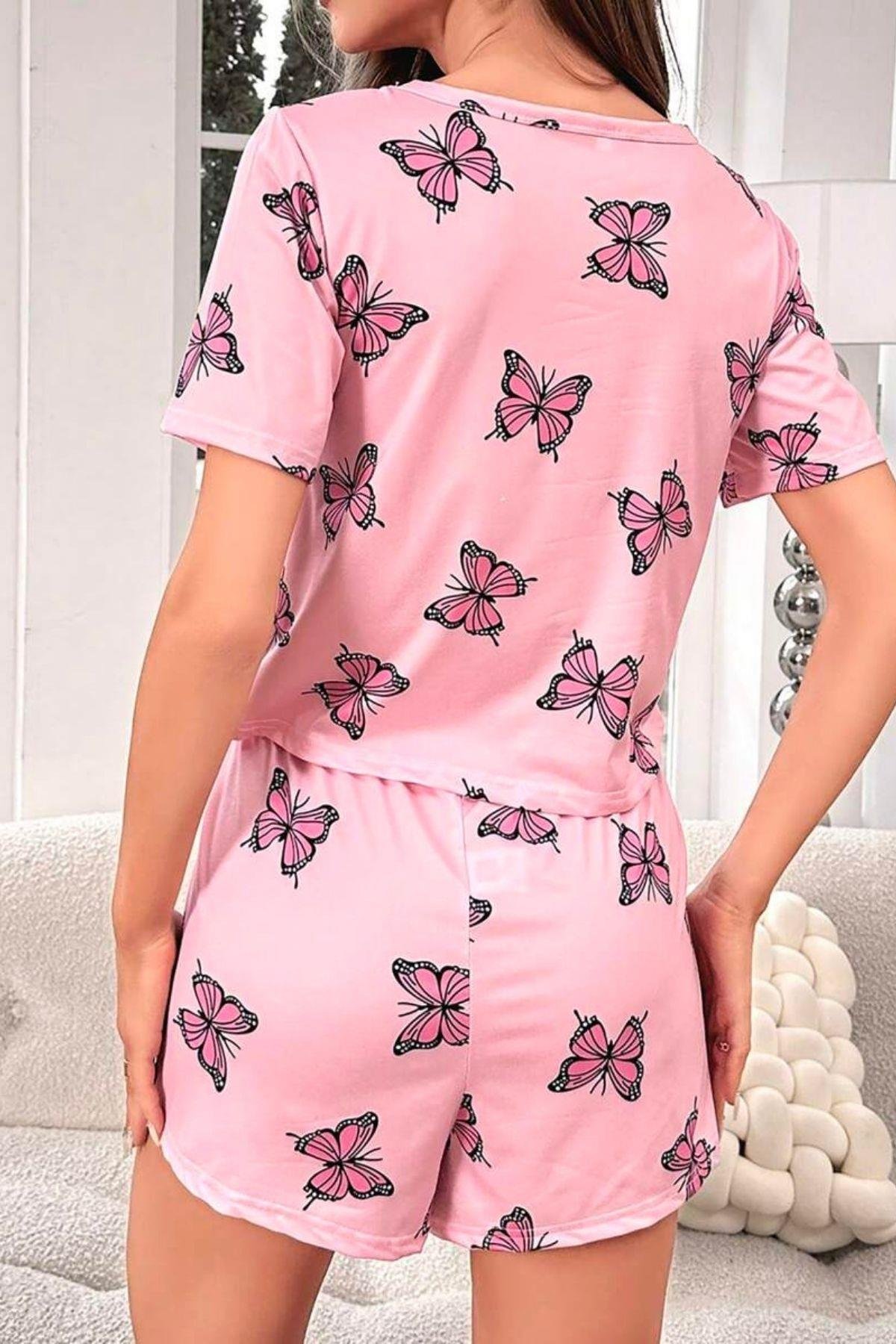 Bella Notte Pembe Kelebek Desenli Şort Takım 7528