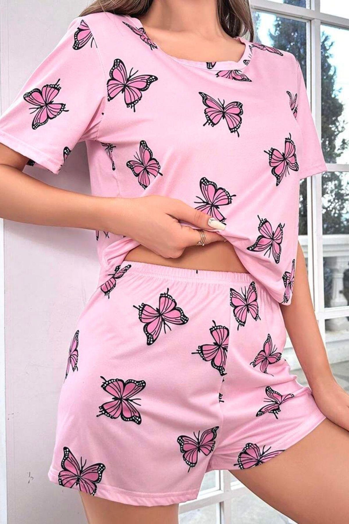 Bella Notte Pembe Kelebek Desenli Şort Takım 7528