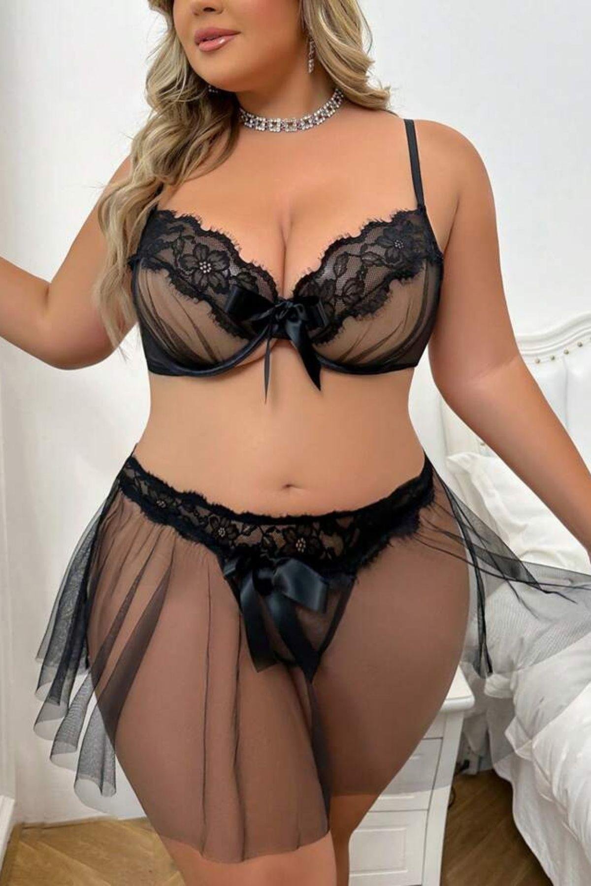 Bella Notte Siyah Askılı Büyük Beden Etekli Tül Takım 18521