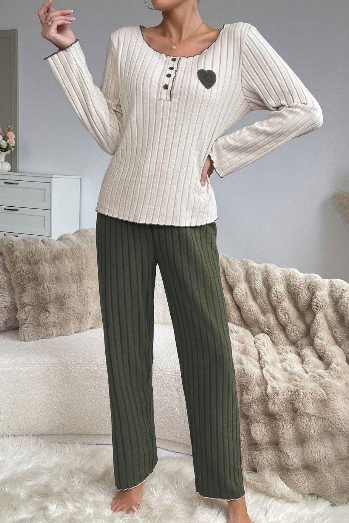 Bella Notte Yeşil Pamuklu Kalp Detaylı Pijama Takımı 7089