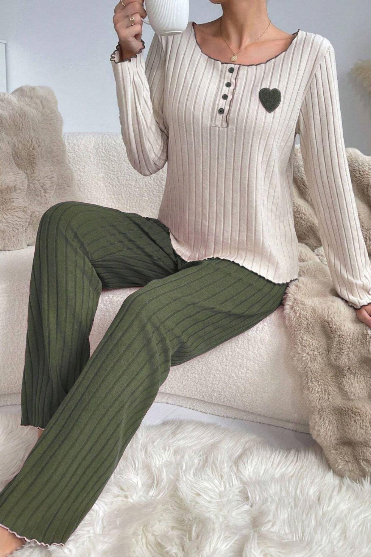 Bella Notte Yeşil Pamuklu Kalp Detaylı Pijama Takımı 7089