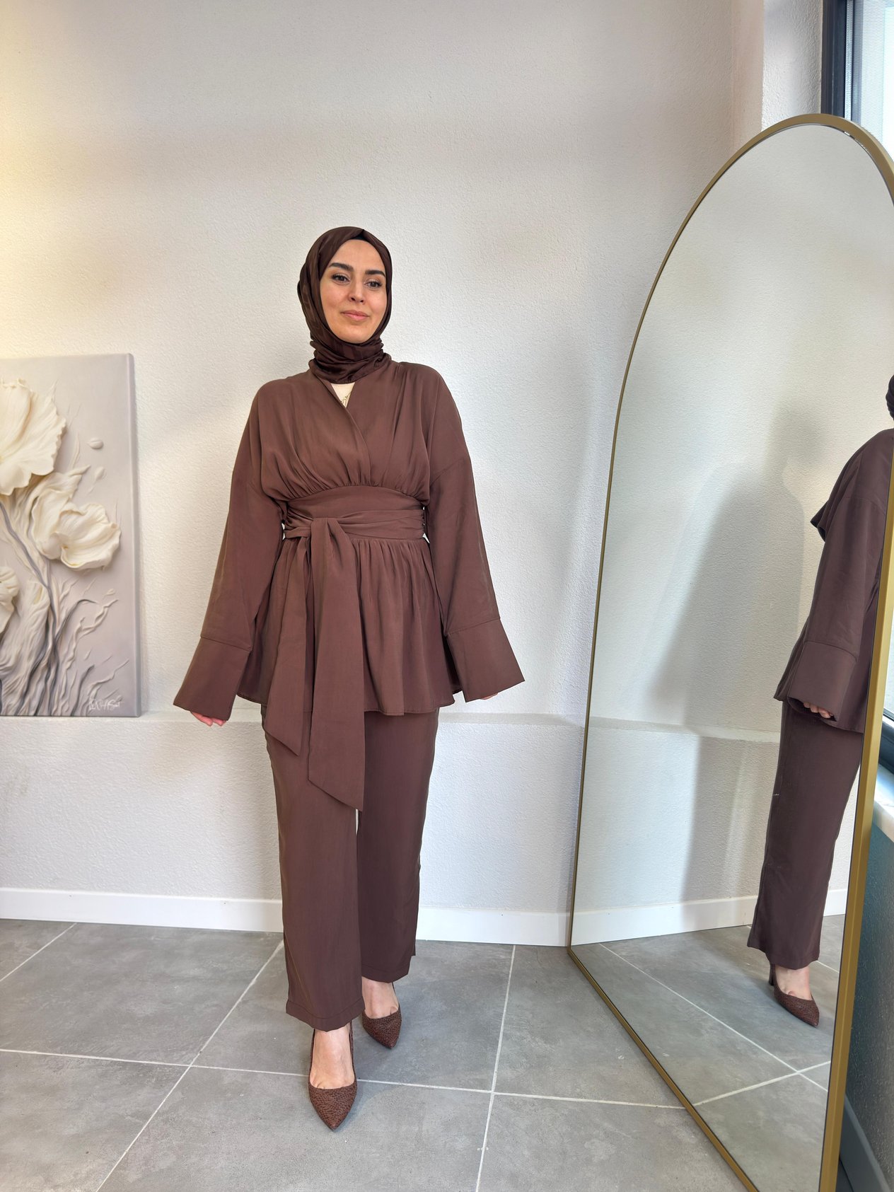 KAHVE MODAL KUŞAKLI TAKIM STOK KODU 1204