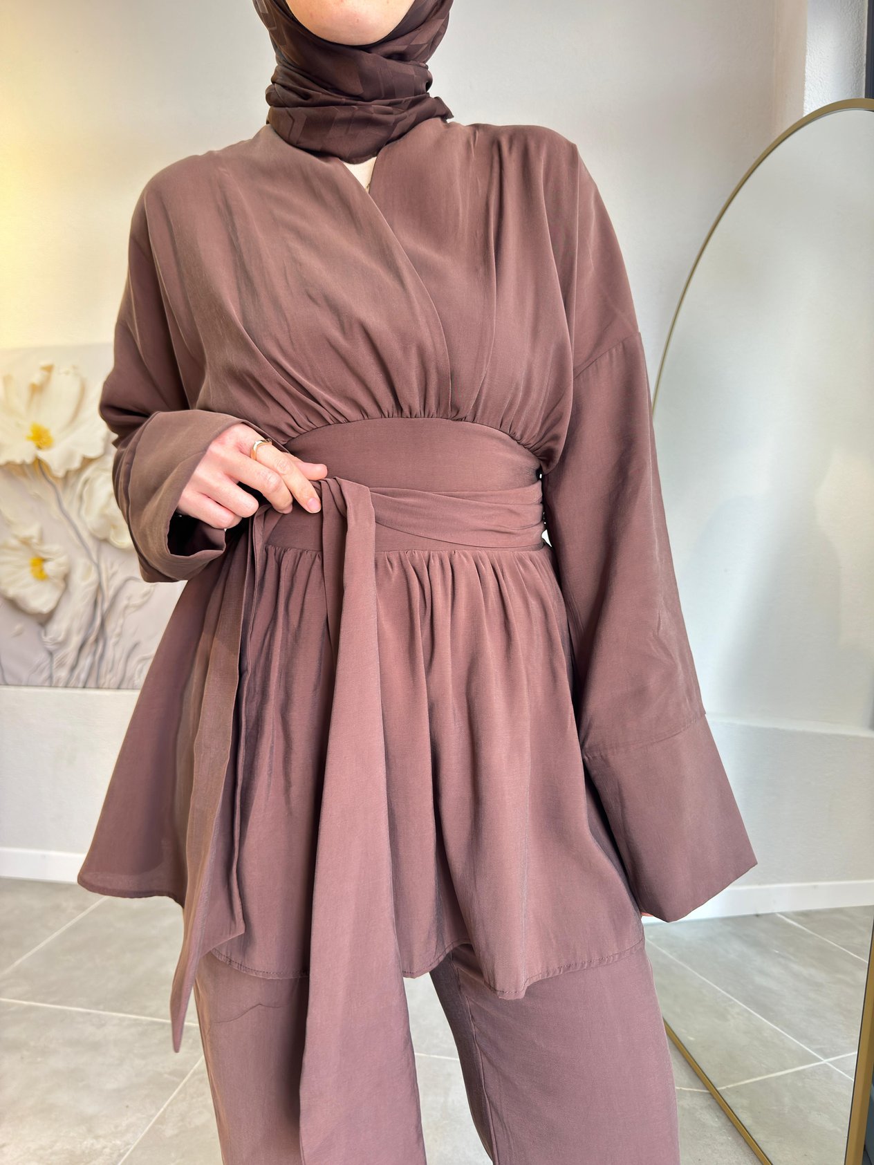 KAHVE MODAL KUŞAKLI TAKIM STOK KODU 1204
