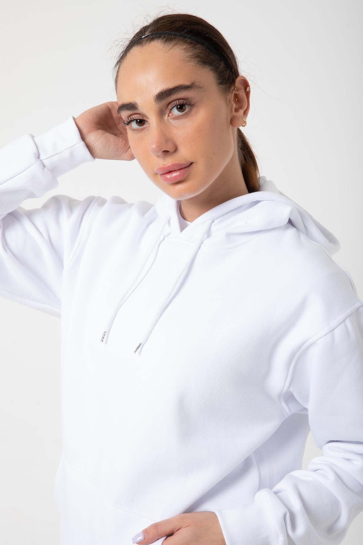 Beyaz Unisex Rahat Kalıp Kapuşonlu Hoodie