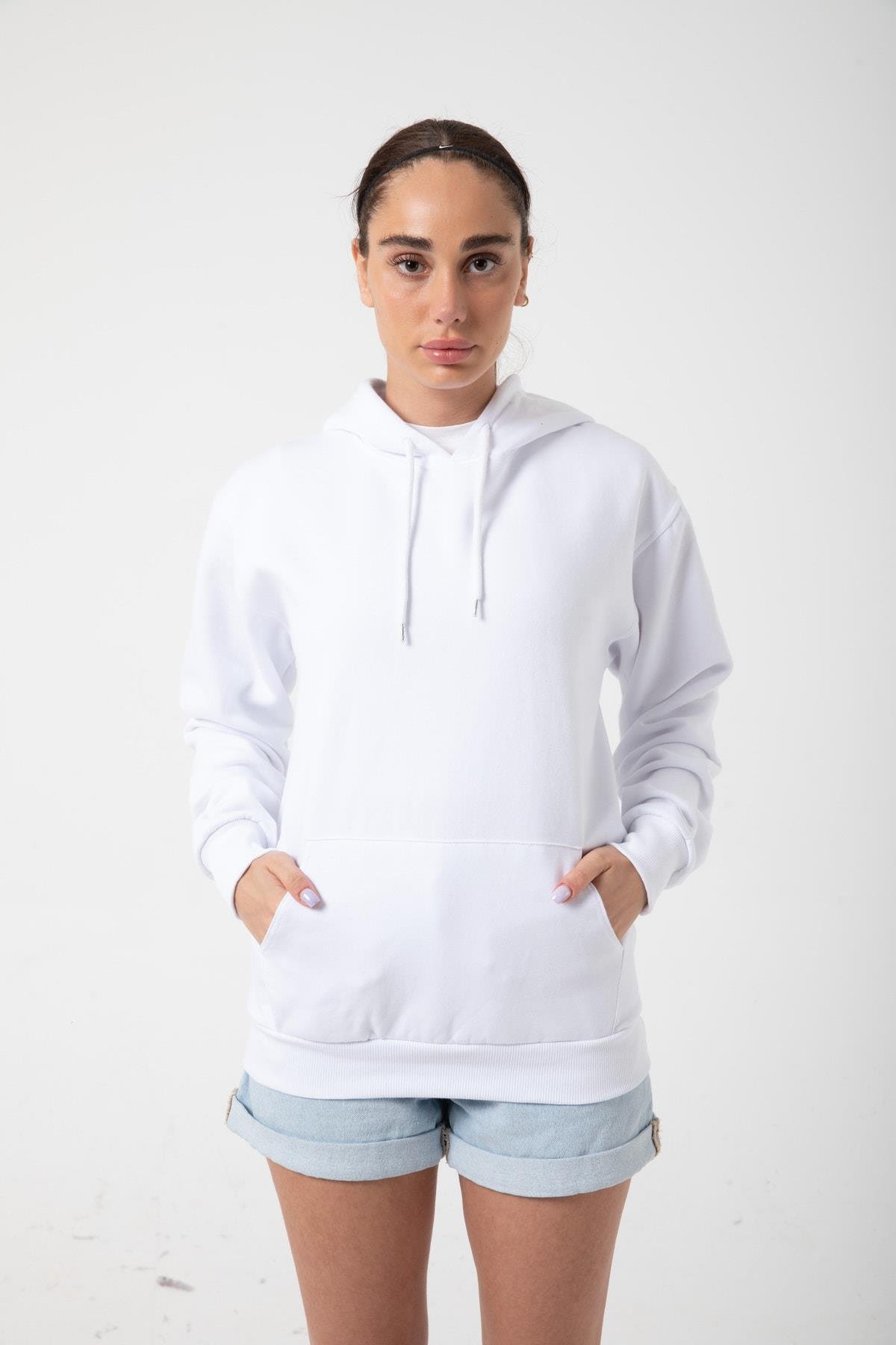 Beyaz Unisex Rahat Kalıp Kapuşonlu Hoodie