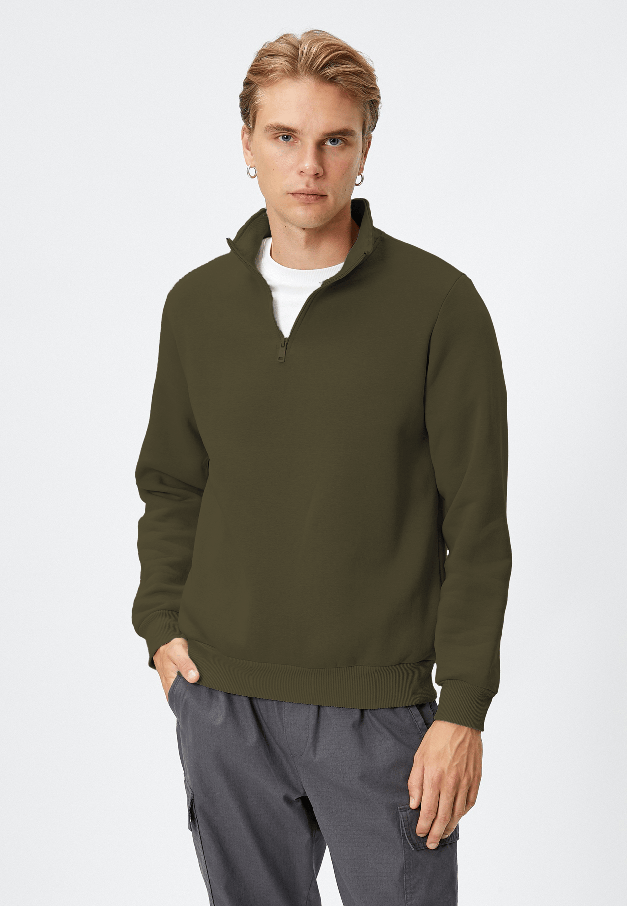 Haki 3 İplik Dik Yaka oversize sweatshirt