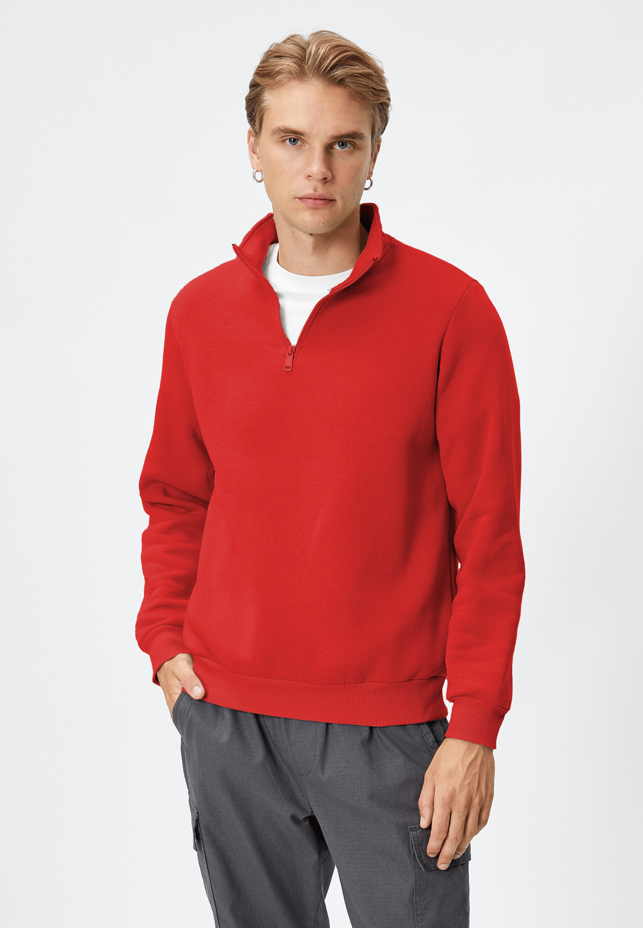 Kırmızı 3 İplik Dik Yaka kadın sweatshirt