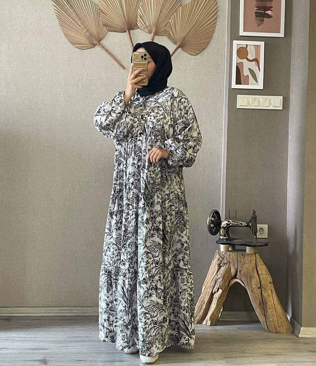 Madol kumaş siyah çiçekli elbise