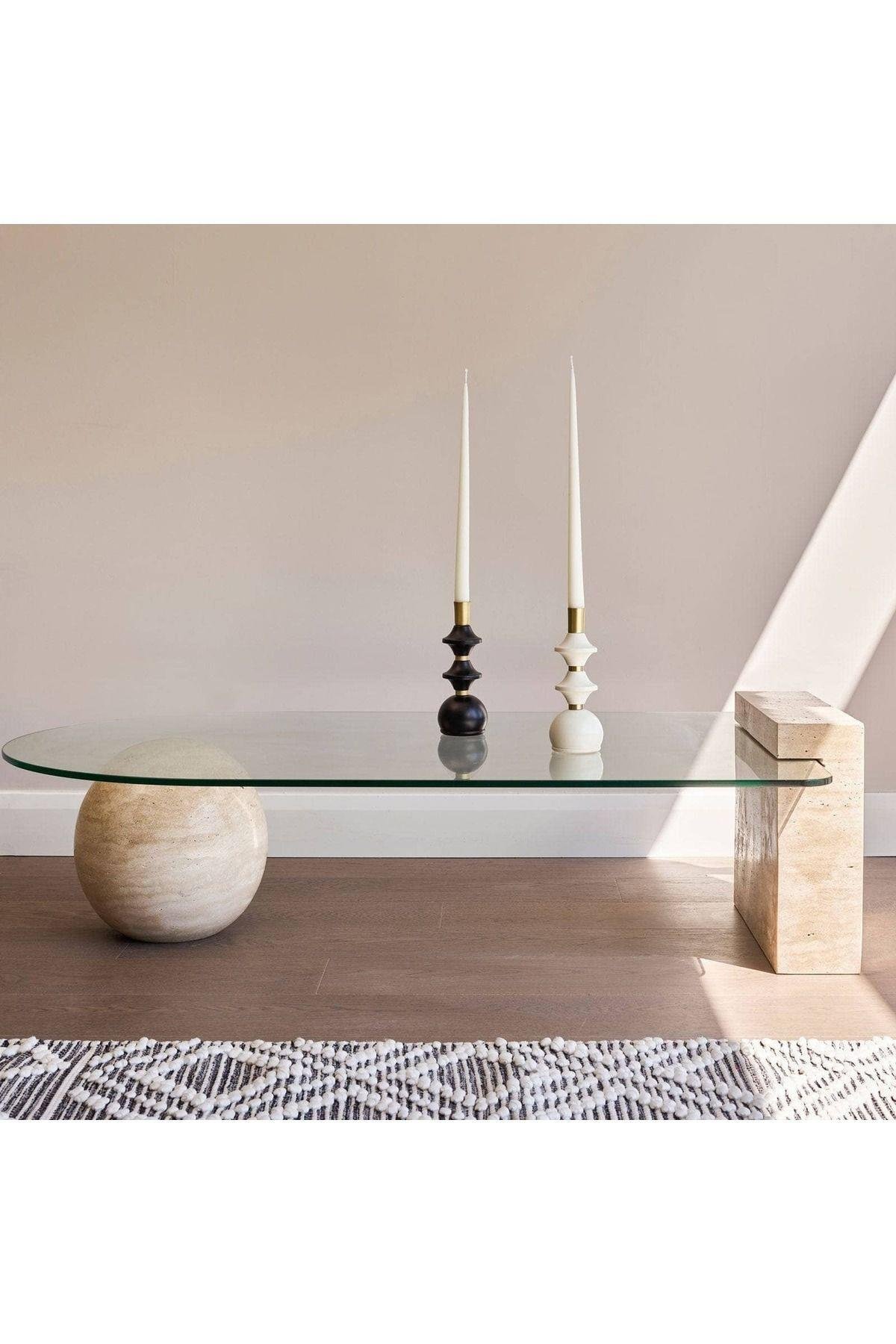 Assos - Doğal Traverten Orta Sehpa | Mermer Ayaklı Cam Sehpa | Cam Orta Sehpa |Coffee Table |