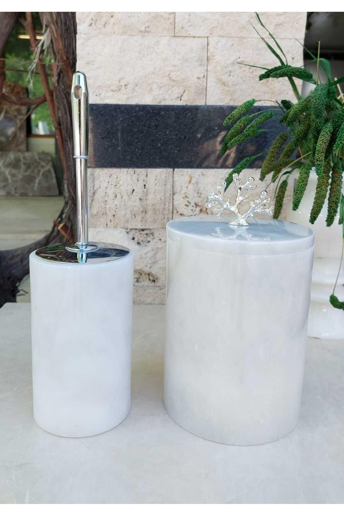 Crystal White - Doğal Beyaz Mermer Wc Fırçası Ve Mermer Çöp Kovası- GÜMÜŞ