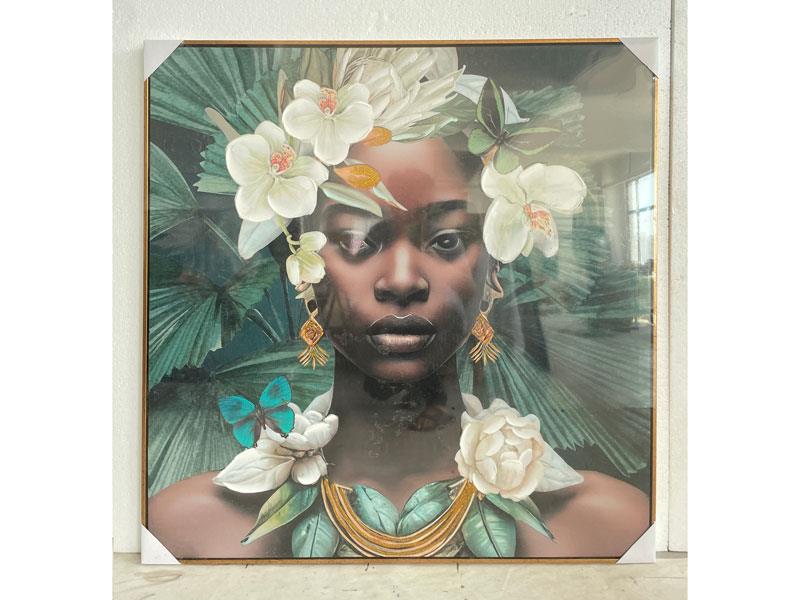 BLACK WOMAN PORTRAIT WITH FLOWERS 100X100 CM