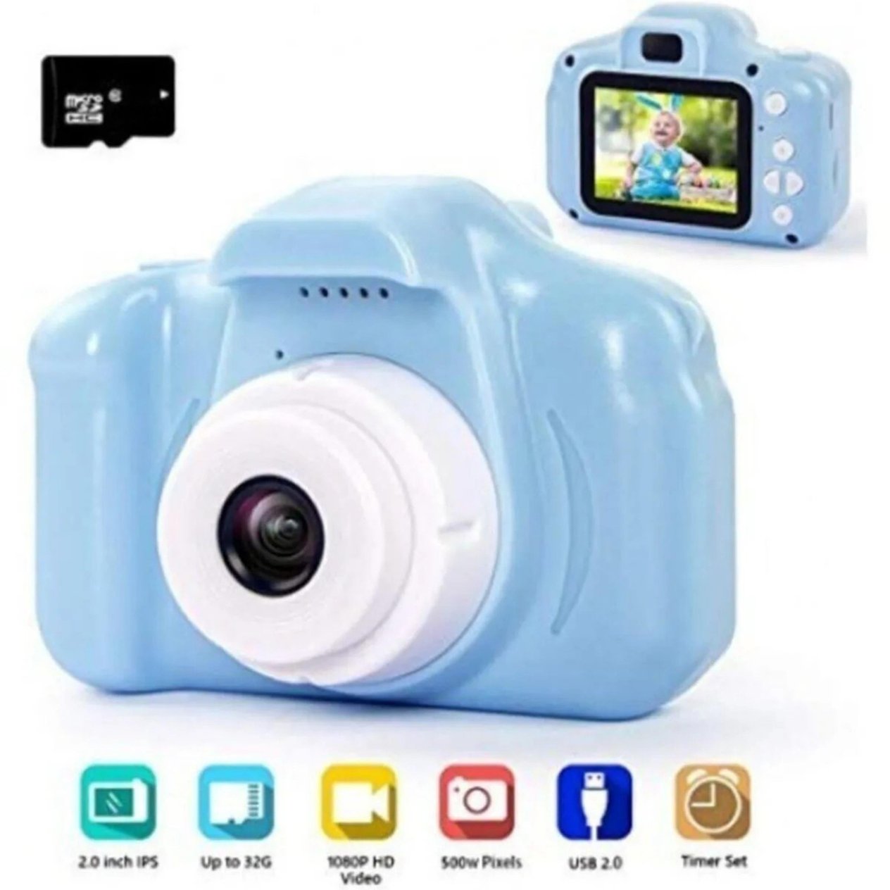 Mavi X200 Çocuklar İçin Hafıza Kartlı Mini Fotoğraf Makinesi