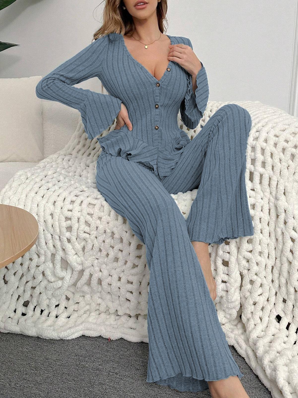 Bella Notte Mavi Düğmeli Uzun Pijama Takım 7113