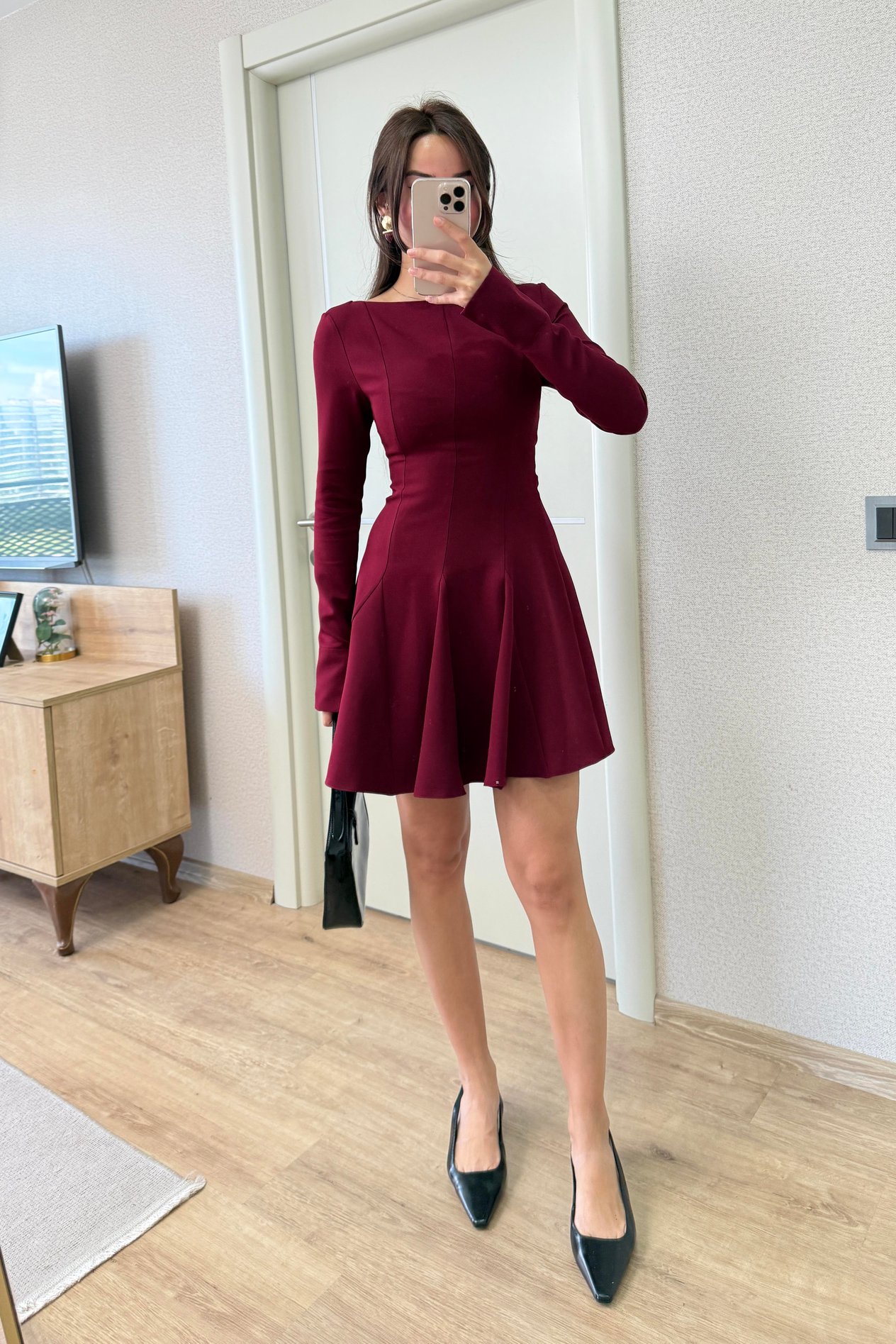 bordo dikis detayli elbise