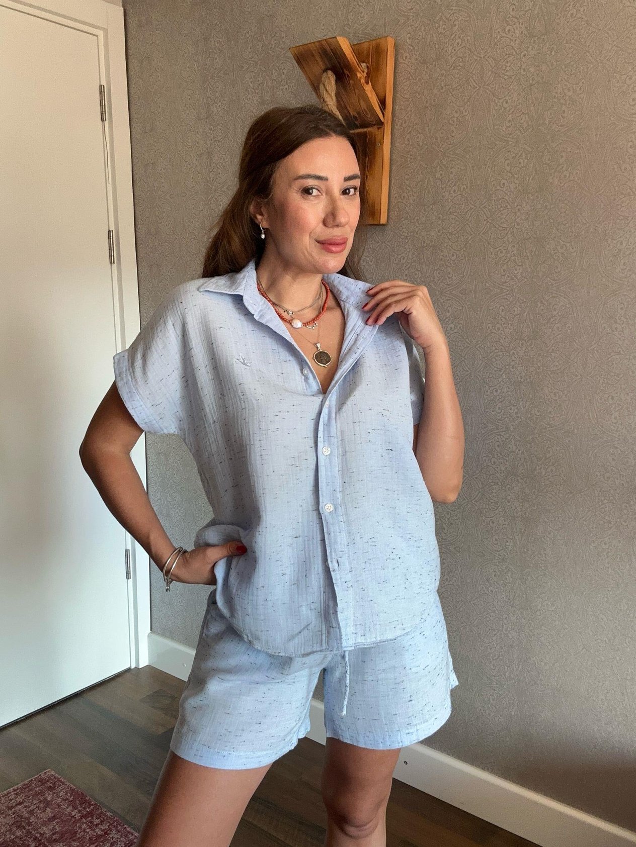 Nakış Logolu Müslin Kumaş Gömlek Şort Takım