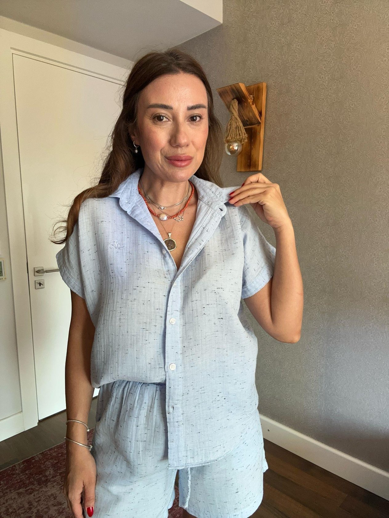 Nakış Logolu Müslin Kumaş Gömlek Şort Takım