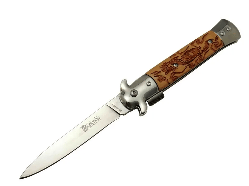 Fs 12461 Kahverengi  Çakı 23cm - Ejder İşlemeli Sap, Kemerlikli, Arkadan Tetikli