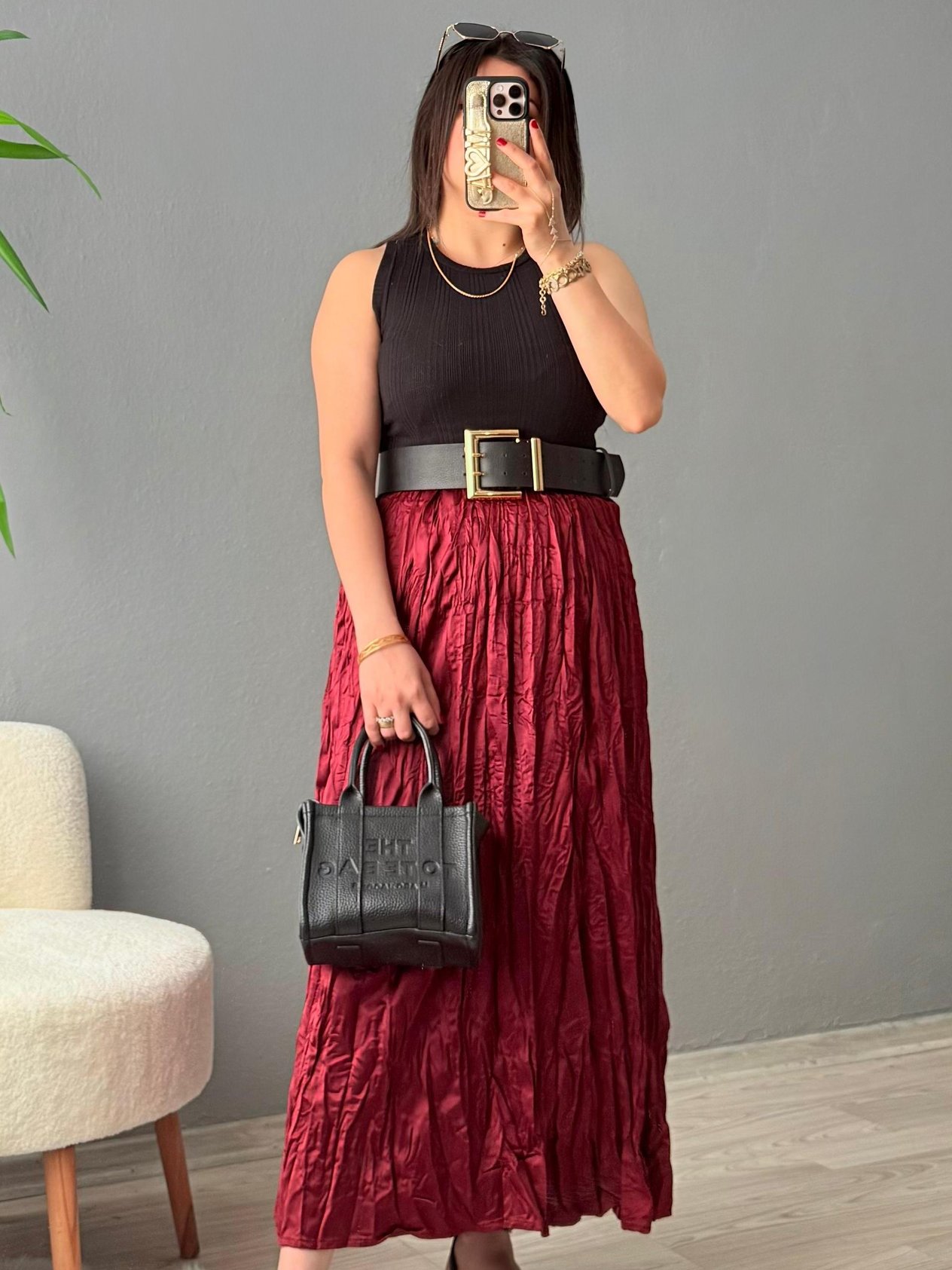 Kırışık Beli Lastikli Saten Etek - Bordo