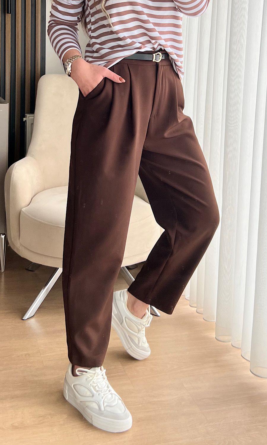 KEMERLİ KAHVERENGİ PANTOLON