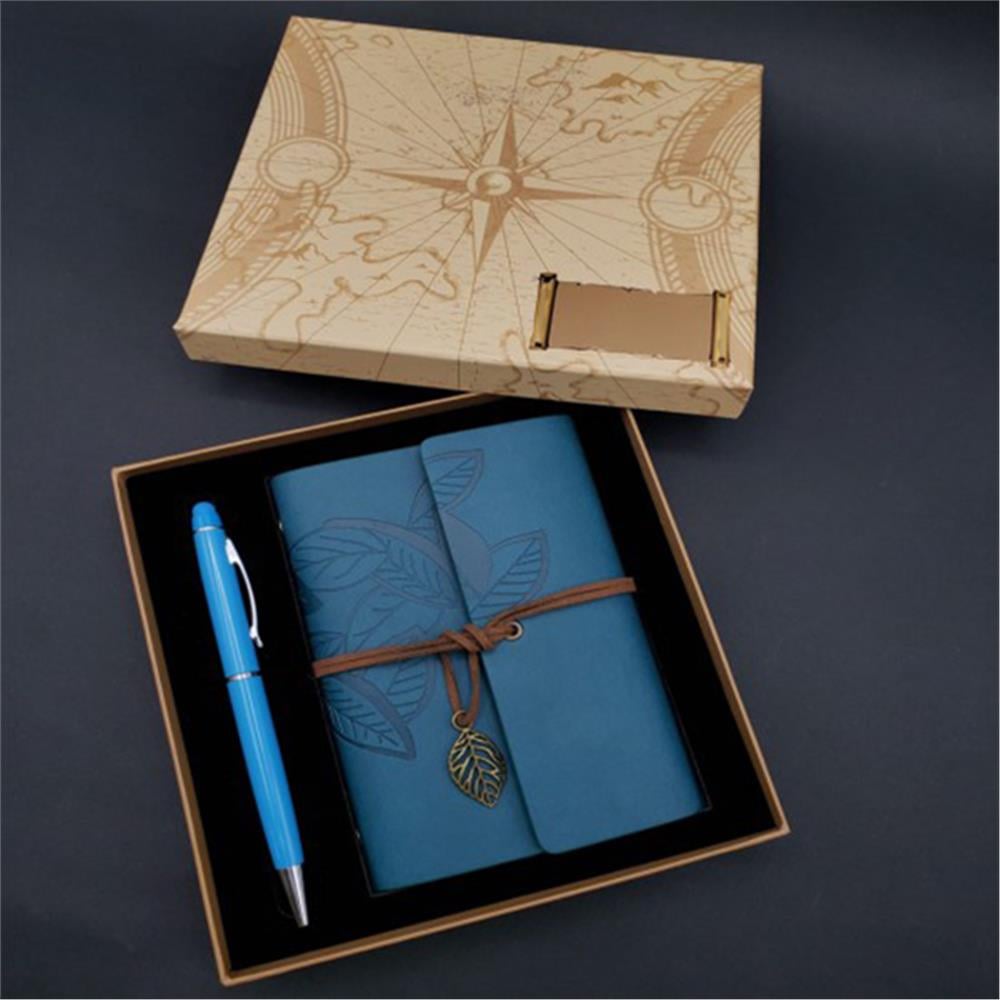 Kişiye Özel Retro Yaprak Defter Kalem Set Turkuaz Pusula Kutulu