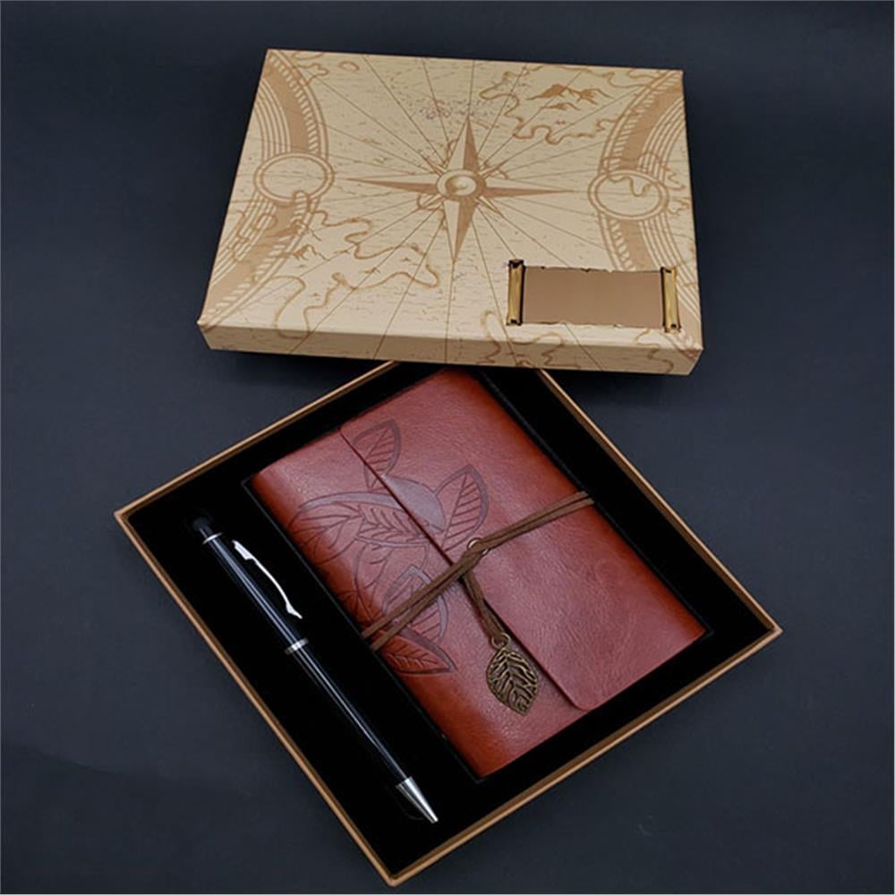 Kişiye Özel Retro Yaprak Defter Kalem Set Kahverengi Pusula Kutulu