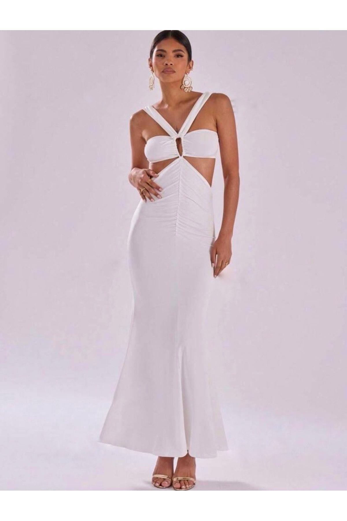 Beyaz Halter Yaka Cut-out Nişan After Elbise