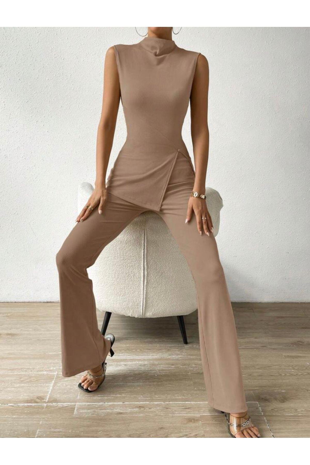 İthal Camel Haki Yaka Bluz ve Pantolon İkili Takım