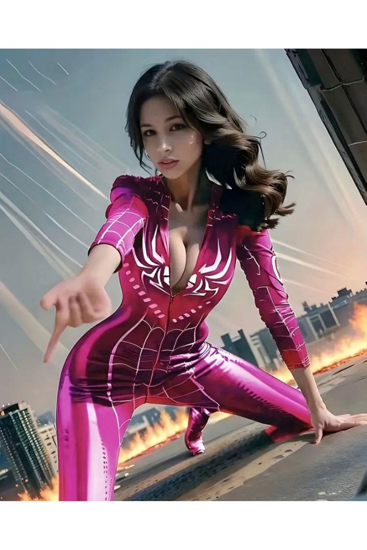 İthal Y2k Pembe Spiderman Örümcek Desenli Cosplay Kostüm