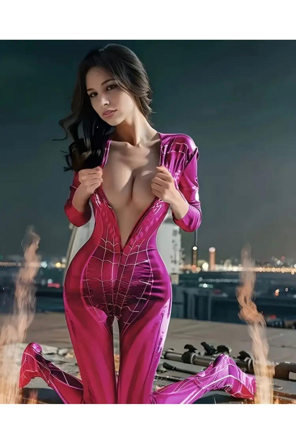 İthal Y2k Pembe Spiderman Örümcek Desenli Cosplay Kostüm