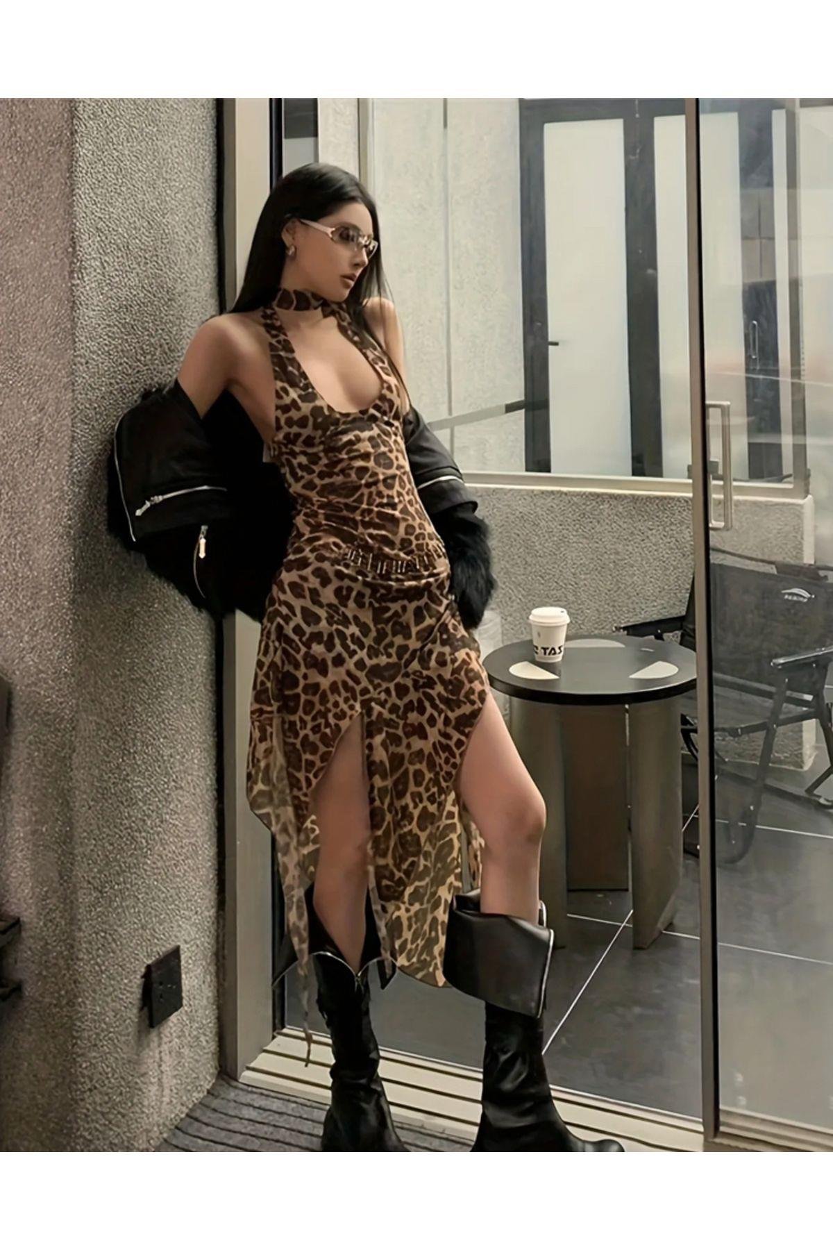 Leopar Desenli Halter Yaka Vücuda Oturan Transparan Pinterest Elbise
